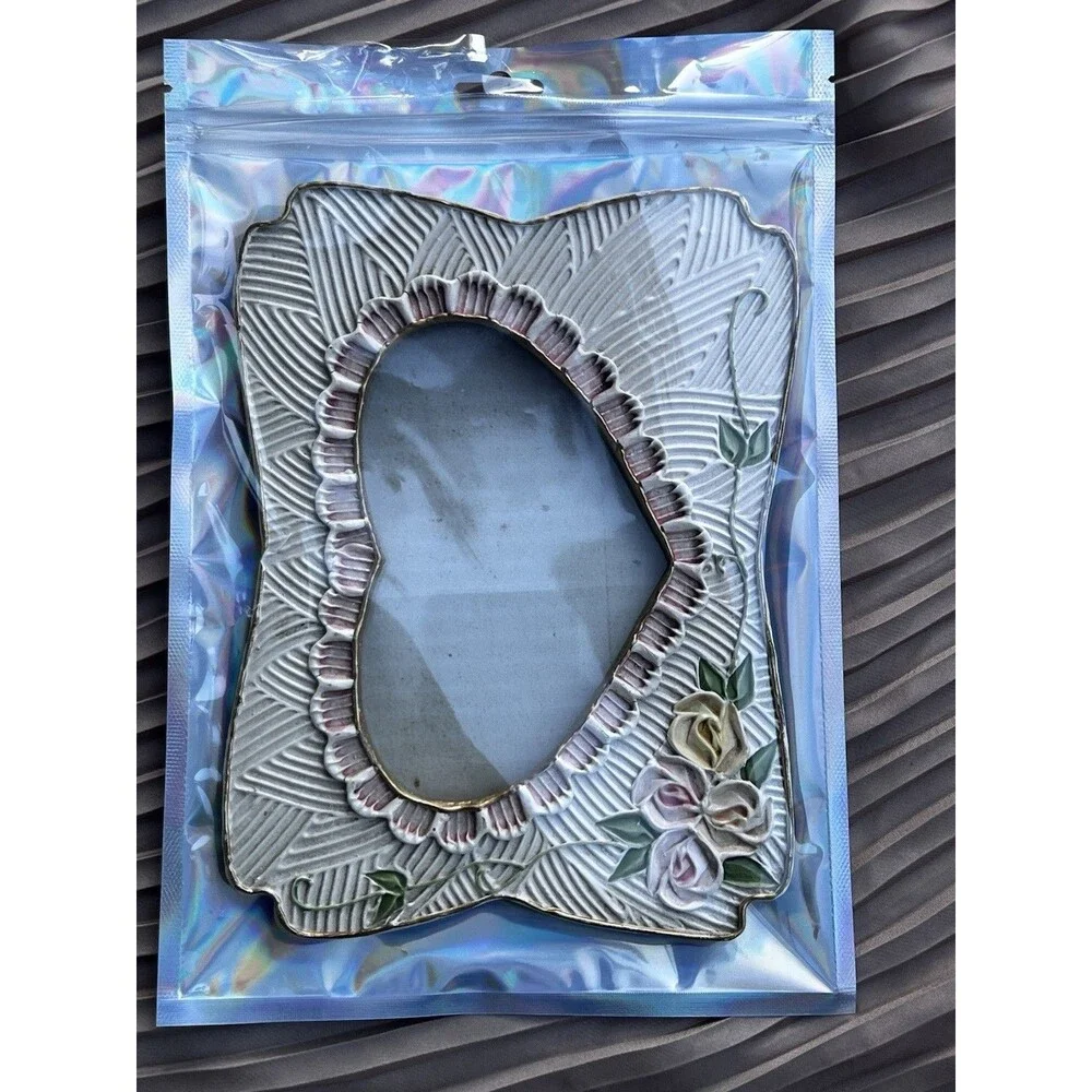 Vintage Hand Painted Ceramic Rose Picture Frame Cottage Shabby Chic